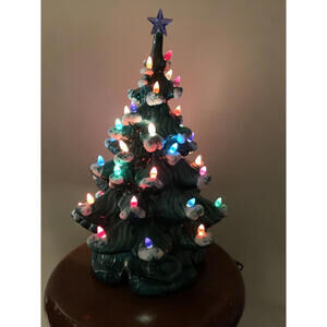 Vintage Ceramic Christmas Tree w/Base Snow 16”  Table Top Light Up